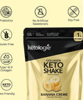 Banana Creme Collagen Keto Shake packaging on a yellow background, highlighting keto-friendly features and ingredients.