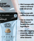 Vanilla Collagen Keto Shake - 28.5oz jar with collagen and prebiotics for skin, hair, joints; versatile use as shake, coffee creamer, or smoothie base.