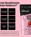 Strawberry Collagen Keto Shake pouch, featuring keto-friendly nutrition details, 12g protein, and low carb benefits.