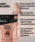 Chocolate Collagen Keto Shake - 28.5oz pack, versatile keto product for shakes, coffee, and smoothies, featuring Type I & III collagen, rich chocolate flavor.