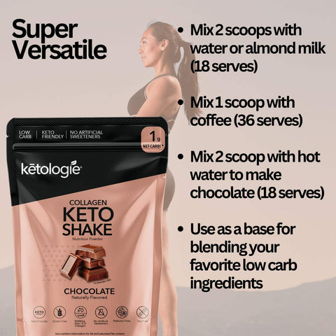 Chocolate Collagen Keto Shake - 28.5oz pack, versatile keto product for shakes, coffee, and smoothies, featuring Type I & III collagen, rich chocolate flavor.