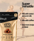 Salted Caramel Collagen Keto Shake package with keto-friendly features and versatile mix options, ideal for keto protein powder needs.