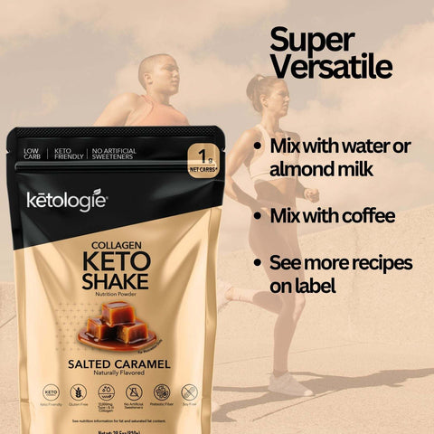 Salted Caramel Collagen Keto Shake package with keto-friendly features and versatile mix options, ideal for keto protein powder needs.