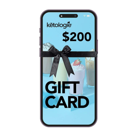 Ketologie Gift Card $200 displayed on a phone screen with a black bow.