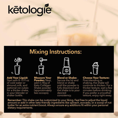 Salted Caramel Collagen Keto Shake with mixing instructions and customization options for optimal keto nutrition.