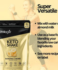 Banana Creme Collagen Keto Shake in packaging, promotes low-carb, high-fat keto protein powder with collagen.