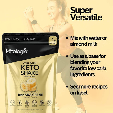 Banana Creme Collagen Keto Shake in packaging, promotes low-carb, high-fat keto protein powder with collagen.