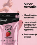 Strawberry Collagen Keto Shake packaging with keto protein powder benefits highlighted.