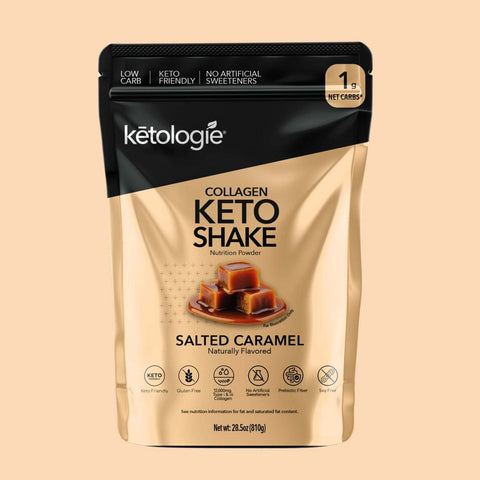 Salted caramel keto protein powder with collagen peptides and healthy fats.