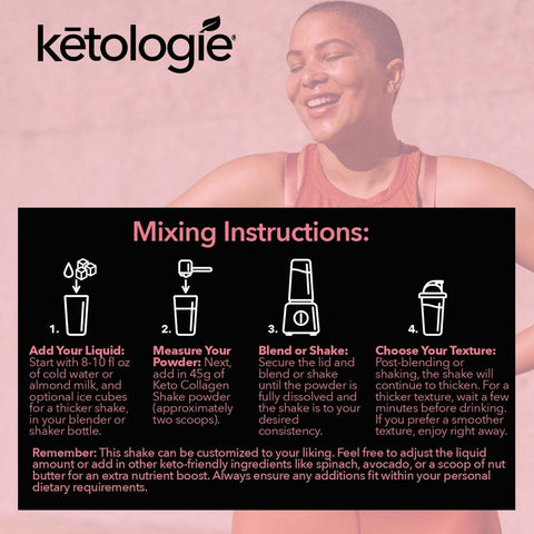 Mixing instructions for Strawberry Collagen Keto Shake with keto protein powder, enhancing meal replacement shakes.
