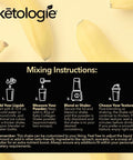 Banana Creme Collagen Keto Shake packaging with mixing instructions and bananas, featuring keto protein powder.