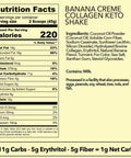 Banana Creme Collagen Keto Shake nutrition label showing ingredients, serving size, calories, and keto-friendly details.