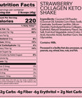 Strawberry Collagen Keto Shake nutrition label with 220 calories, 18g fat, and keto-friendly ingredients.