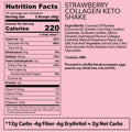 Strawberry Collagen Keto Shake nutrition label with 220 calories, 18g fat, and keto-friendly ingredients.