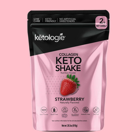 Strawberry Collagen Keto Shake pouch with natural fruity flavor, low carb, keto-friendly.