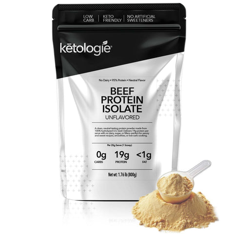 Beef Protein Isolate powder in black and white packaging with scoop, unflavored, keto and paleo-friendly, zero carbs, and zero fat.