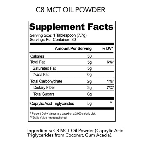 Nutrition facts label for C8 MCT Oil Powder showing 5g caprylic acid per 7.7g serving from coconut and acacia fiber.