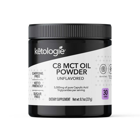 Ketologie C8 MCT Oil Powder unflavored dietary supplement for keto, caffeine and sugar free, 30 servings, 231g jar