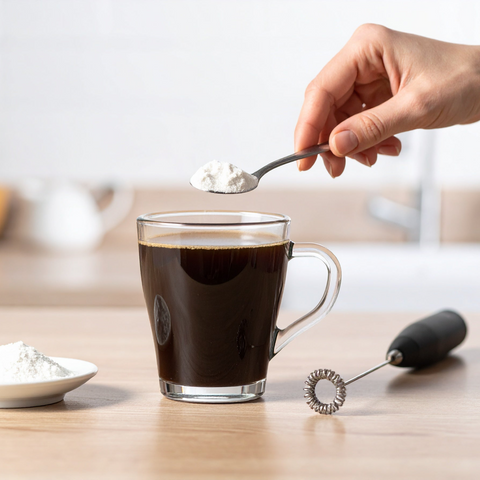 C8 MCT oil powder being added to coffee in a glass mug.