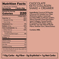 Keto Collagen Sampler Twin Pack with Chocolate and Vanilla flavors, nutrition facts showing 220 calories and 1g net carbs per serving.