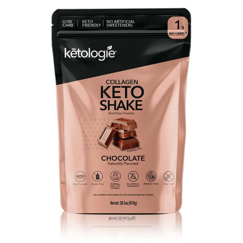 Chocolate Collagen Keto Shake 28.5oz jar with rich flavor and versatile use as shake or creamer.