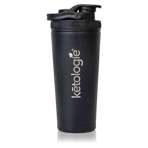 Ketologie 26oz stainless steel shaker bottle with double-wall vacuum insulation and spill-proof lid.