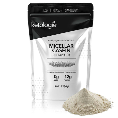 Micellar Casein Protein powder package; unflavored, slow-digesting for shakes and recipes.