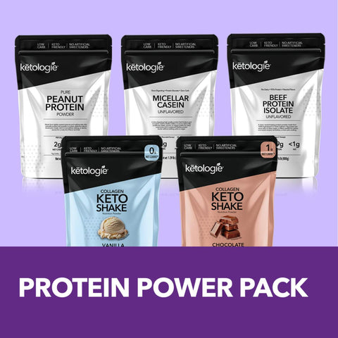 Protein Power Stack with Chocolate and Vanilla Keto Shakes, Beef Protein Isolate, Micellar Casein, and Peanut Protein Powder.