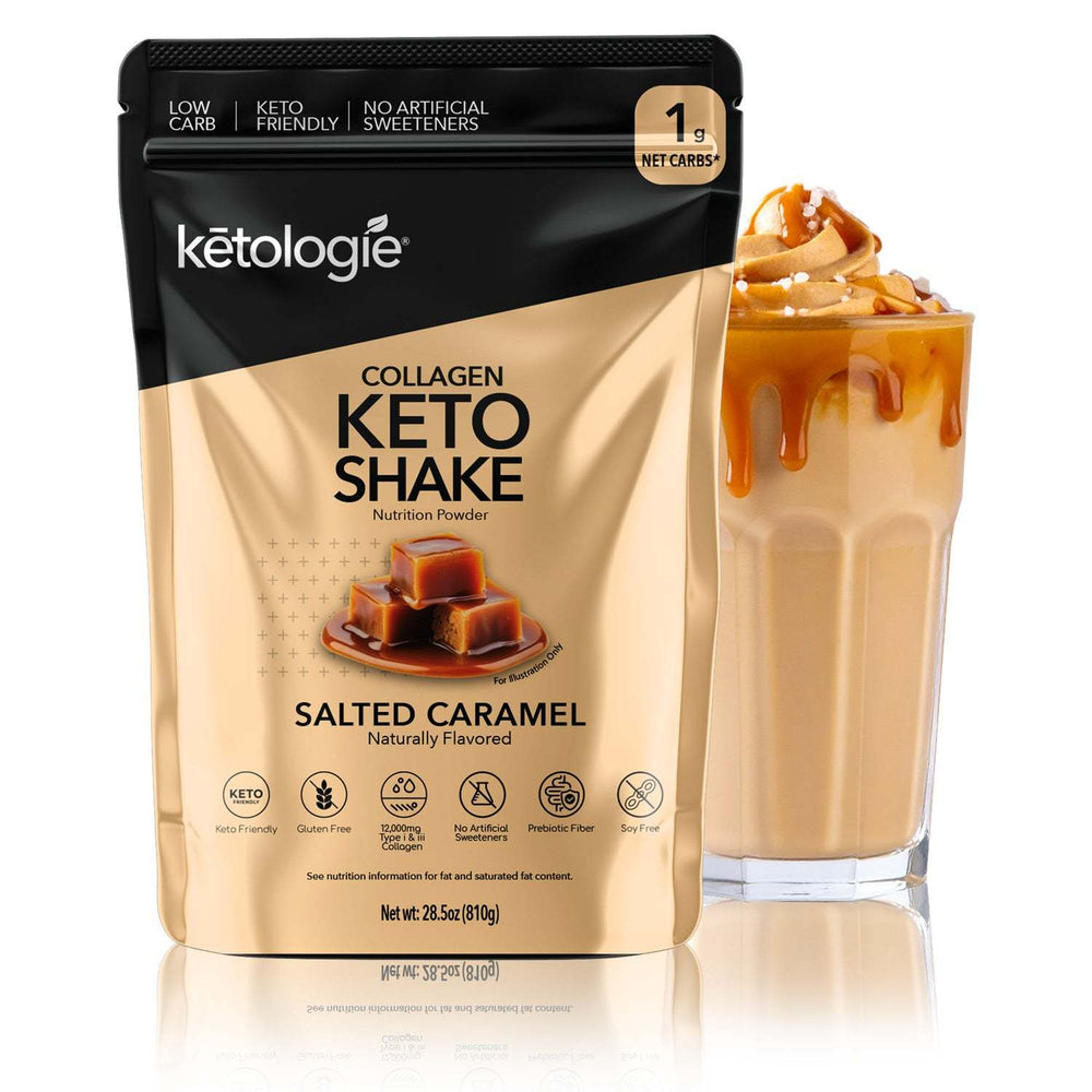 Salted caramel collagen keto shake packaging with a creamy shake glass.