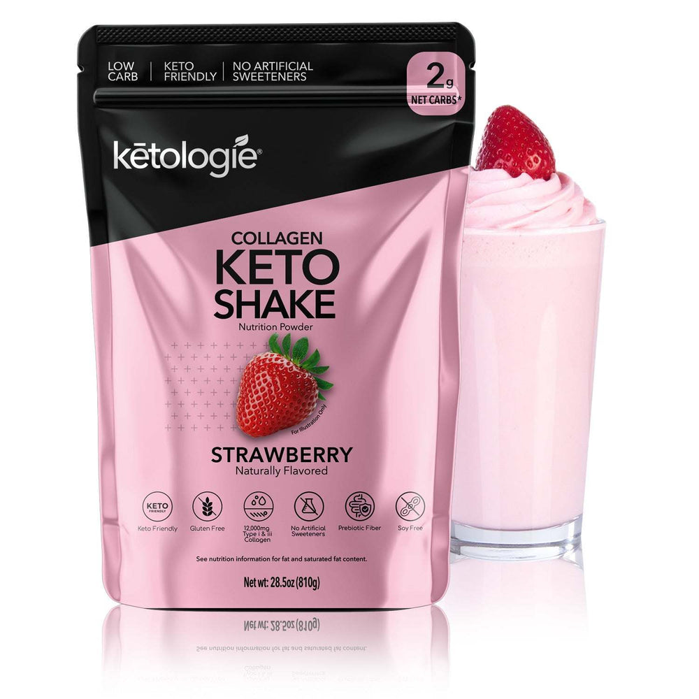 Strawberry Collagen Keto Shake packaging with a glass of creamy pink shake topped with a strawberry, ideal keto protein powder.