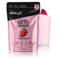 Strawberry Collagen Keto Shake packaging with a glass of creamy pink shake topped with a strawberry, ideal keto protein powder.