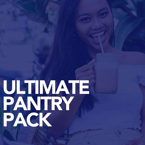 Ultimate Pantry Pack with woman enjoying a shake.