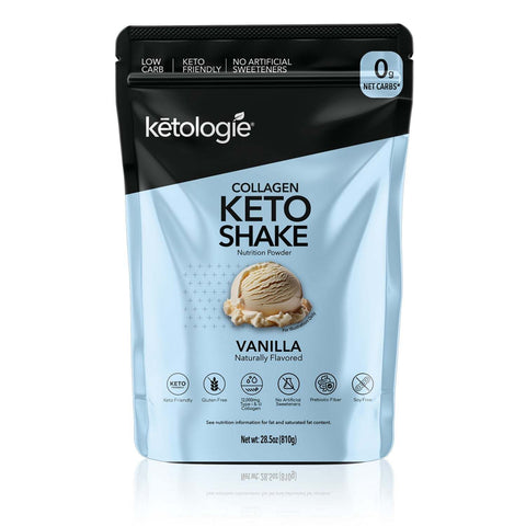 Vanilla Collagen Keto Shake 28.5oz pouch with low carb nutrition powder.