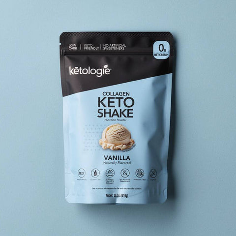 Vanilla Collagen Keto Shake with 12g collagen protein and 18g healthy fats, zero net carbs per serving