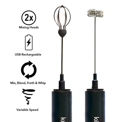 USB Rechargeable Frother/Mixer with two speeds and interchangeable heads for frothing and beating, ideal for coffee and soups.