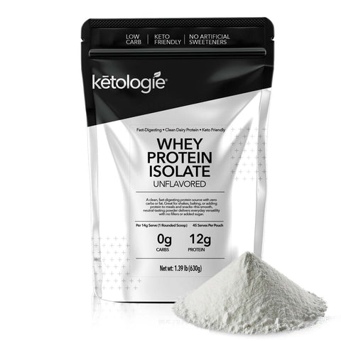 Whey Protein Isolate by Ketologie, unflavored, 12g protein per scoop, keto-friendly packaging.