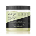 Zesty Greens Bone Broth Collagen Soup 14.8oz container with medium spice, featuring organic ingredients, 18g protein, and 10,000mg collagen.