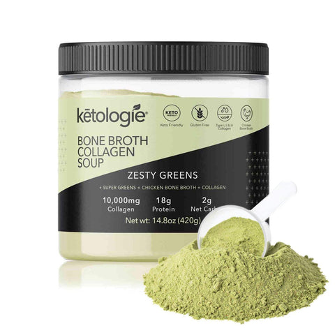 Zesty Greens Bone Broth Collagen Soup, medium spice with jalapeno, kale, chlorella, spirulina, and wheatgrass, 18g protein, 10,000mg collagen, keto-friendly.