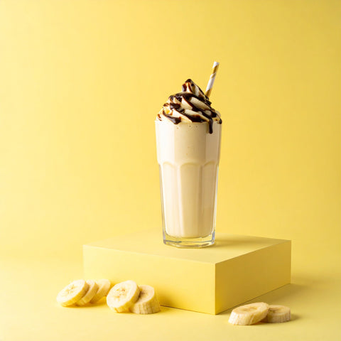 Banana Creme Collagen Keto Shake with creamy texture on a yellow background.