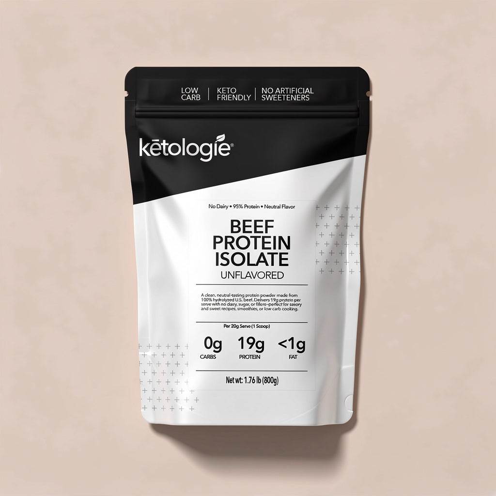 Unflavored beef protein powder isolate with 18g protein per scoop, zero carbs, and zero fat for keto and paleo diets