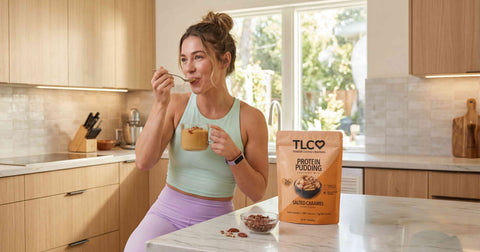 Woman eating protein pudding in a kitchen with TLC protein pudding packaging.