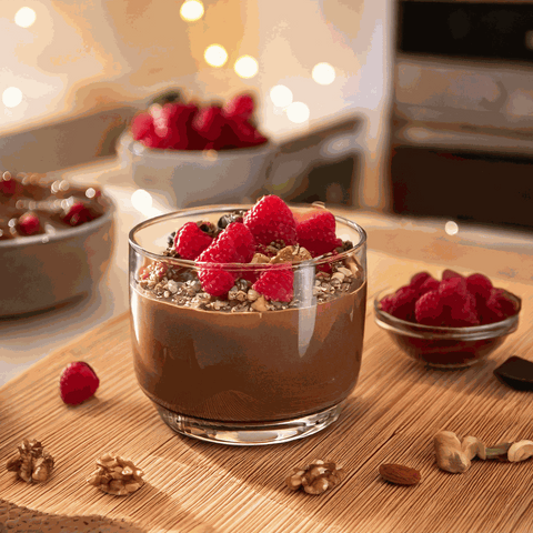 Micellar casein protein shake with raspberries and nuts in a glass.
