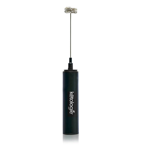USB rechargeable frother with two speeds and interchangeable heads for coffee and cooking.