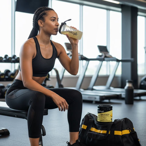 Woman drinking Neuroade™ Pineapple nootropic hydration mix in gym setting