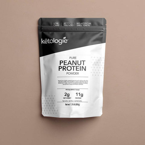 Jar of powdered peanut butter made from roasted peanuts for high protein, low carb nutrition