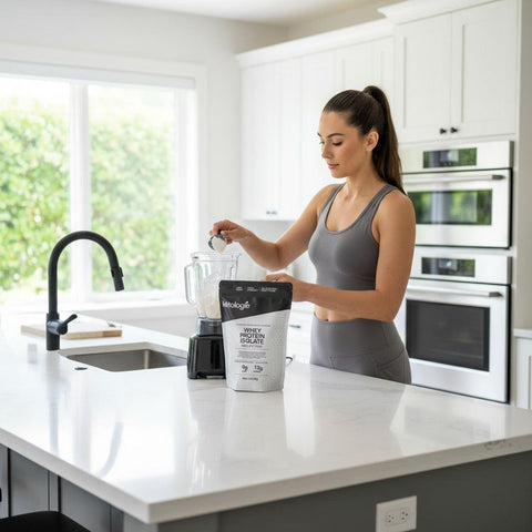 Woman adding unflavored Whey Protein Isolate powder to blender in kitchen for a healthy shake