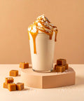Salted Caramel Collagen Keto Shake with whipped cream and caramel drizzle, featuring grass-fed protein.