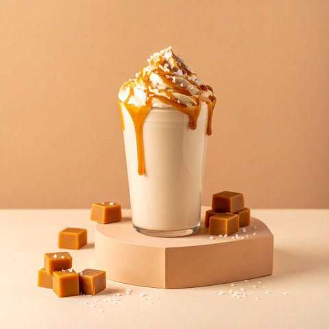 Salted Caramel Collagen Keto Shake with whipped cream and caramel drizzle, featuring grass-fed protein.