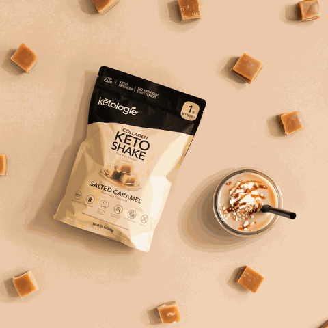 Salted Caramel Collagen Keto Shake package with glass of shake surrounded by caramel pieces, keto protein powder.