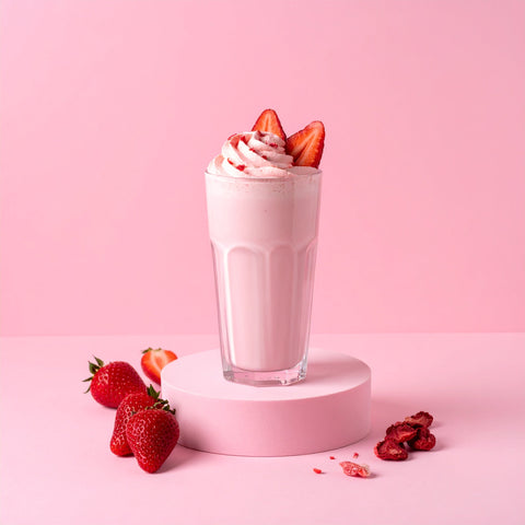 Strawberry Collagen Keto Shake with fresh strawberries, keto protein powder.